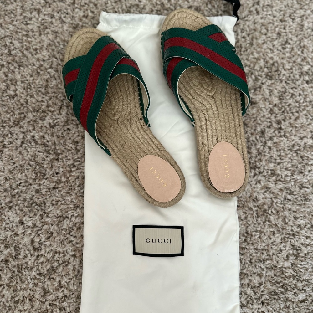 Gucci Red and Green Espadrille Shoes with Woven Jute Sole